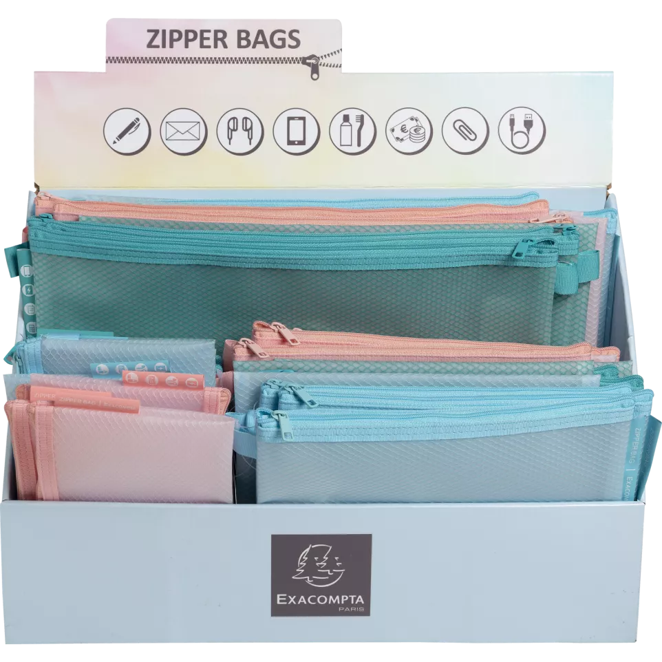 Display 36 zipped pockets...