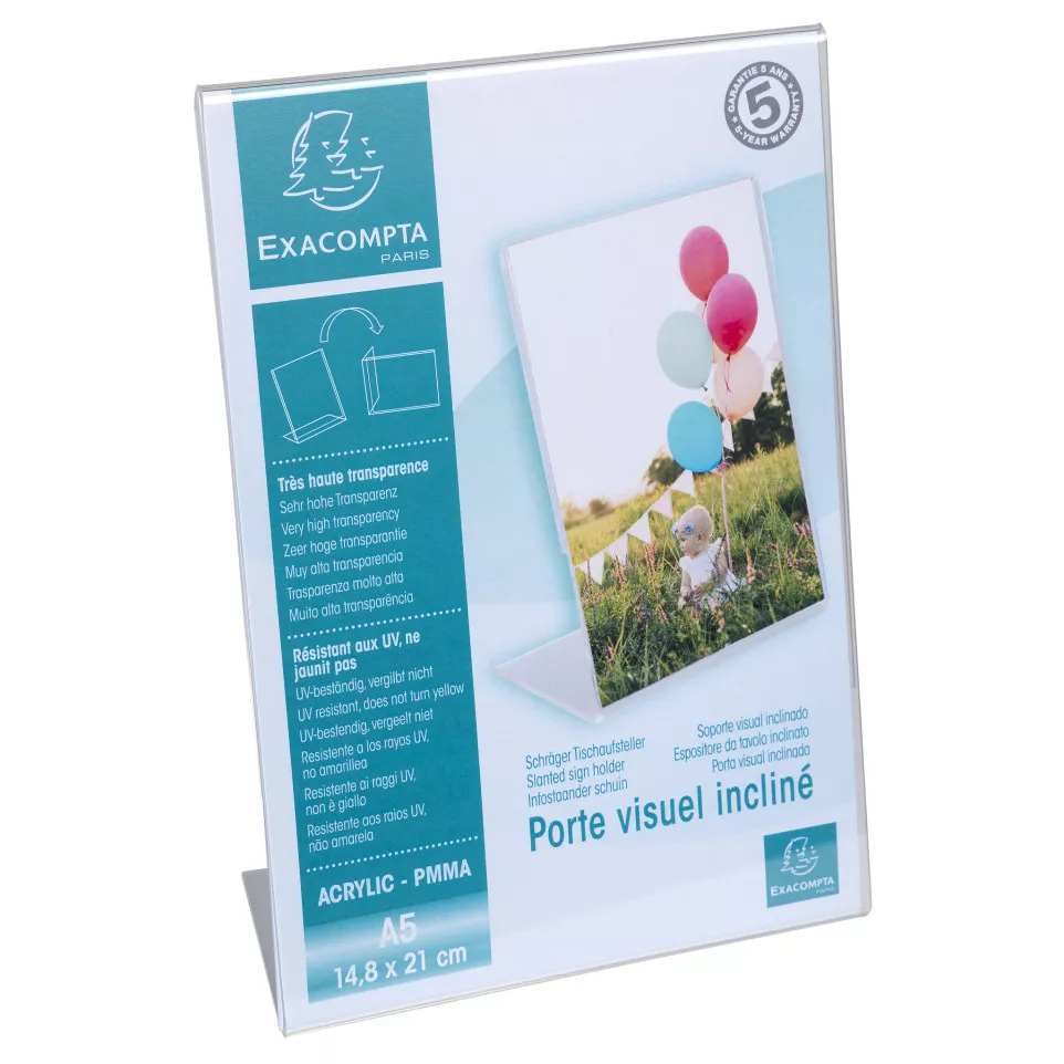 Slanted sign holder A5 clear/ Pc.