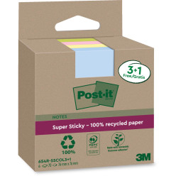 Post-it Super Sticky Notes Recycled, 70 Sheets, 3 in x 3 in, Assorted Colors, 3 Plus 1 Free