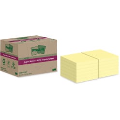 Post-it Super Sticky Notes Recycled, 70 feuilles, ft 76 x 76 mm, jaune, paquet de 12 blocs