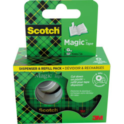 Scotch Magic Tape plakband ft 19 mm x 7,5 m, dispenser + 3 rolletjes, ophangbaar doosje