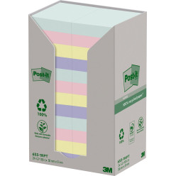 Post-it Recycled Notes, Assorted Colors, 38 x 51 mm, 100 Sheets per Pad, 24 Pads per Pack