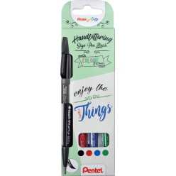 Pentel Touch Sign Pen Brush Tip Marker Cardboard Case 4 Colors: Black, Blue, Red, Green