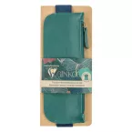 Ginkgo, Reversible pencil case in leather for notebook A5 2 sides : a side dyed leather pine green, a side cuirisé indigo with e