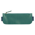 Ginkgo, Reversible pencil case in leather for notebook A5 2 sides : a side dyed leather pine green, a side cuirisé indigo with e
