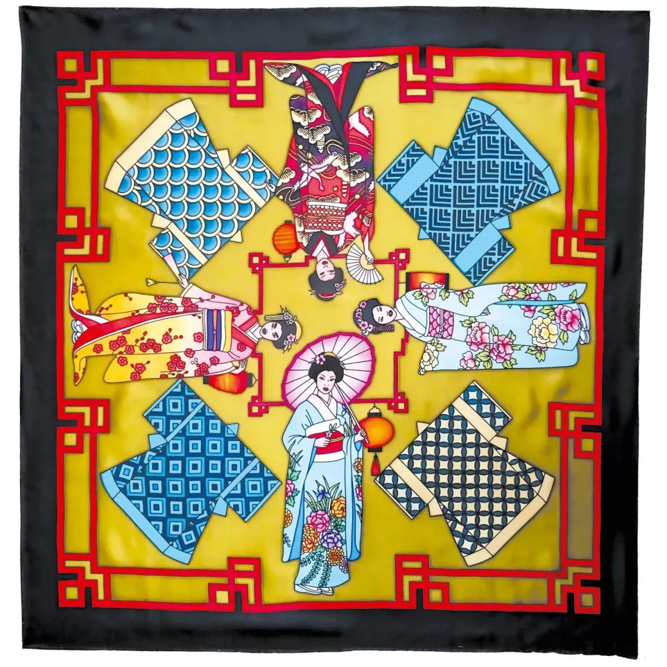 SCARF 100% SILK - 90x90CM GEISHAS-/ Pc.
