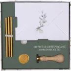 COFFRET DE CORRESPONDANCE, 20 enveloppes imprimées C6 Pollen + cire + manche + pastille, Eucalyptus/ Pce