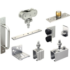 Garniture de roulettes, équerres, supports, butées, guides pour 1 porte lg.max.4m et montage avec profil de guidage inférieur U 