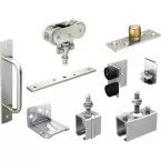 Garniture de roulettes, équerres, supports, butées, guides pour 1 porte lg.max.4m et montage avec profil de guidage inférieur U 