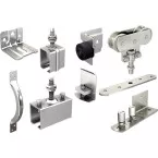 Garniture de roulettes, équerres, supports, butées, guides pour 1 porte lg.max.2m et montage sans profil de guidage inférieur U 