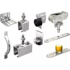Garniture de roulettes, équerres, supports, butées, guides pour 1 porte lg.max.3m et montage avec profil de guidage inférieur U 