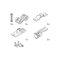 Garniture de roulettes avec plaques à suspension transversale, arrêts et guide pour coulissant Hawa Porta 60 H et 60 HC 60kg / P