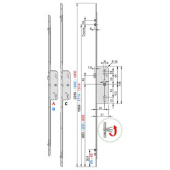 Serrure multipoint R2 action cylindre à 2 galets F16/35/70 1800mm / pce