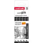 Uni Pin fineliner, pointes calibrées, noir, 0,2-0,4-0,6-0,8-1,0 mm, blister de 4 + 1 gratuit