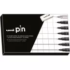 Uni Pin fineliner, ronde punt, zwart, doos van 6 stiften + vulpotlood en gom