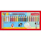 STABILO woody 3in1 crayon de couleur, étui de 18 pièces en couleurs assorties + taille-crayon + pinceau