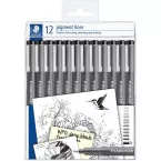 Staedtler pigment liner fineliner, différentes largeurs de trait, set de 12 pièces, noir