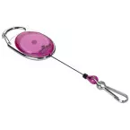 Durable retractable badge reel with purple carabiner, blister pack