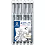 Staedtler pigment liner fineliner, ronde punt, verschillende schrijfbreedtes, etui van 4 + 2, zwart