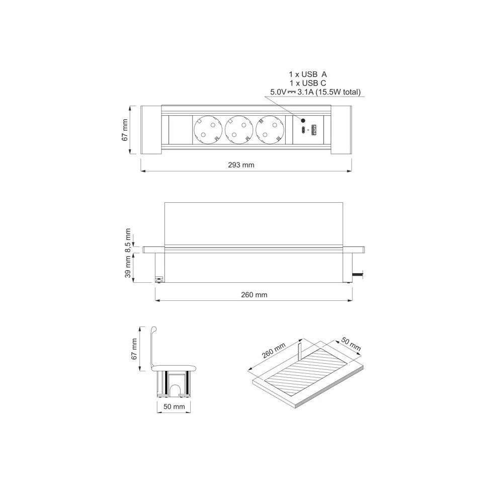 Flat-Box 3 prises+2 USB (A+C) noir...