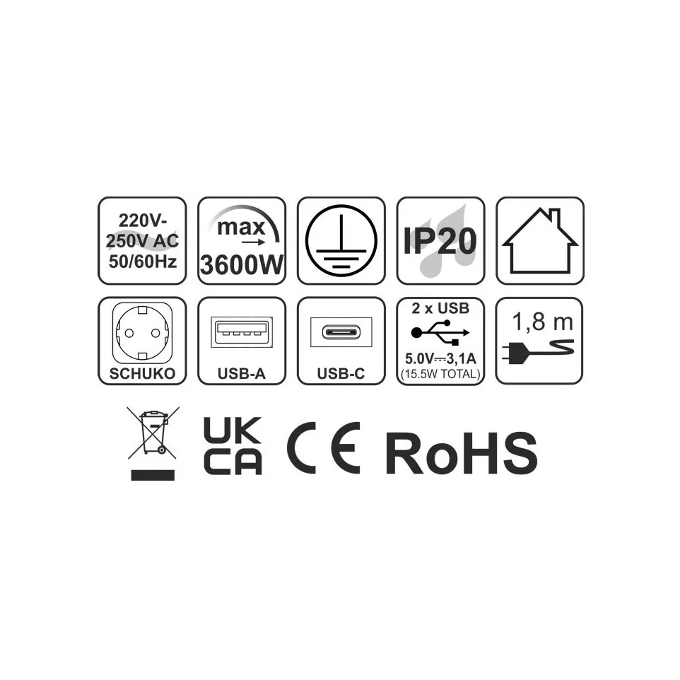 Flat-Box 3 stopcontacten+2 USB (A+C)...