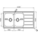 Pyramis Athena EasyFix Stainless Steel Kitchen Sink 2 Bowls with Drainer 1160x500mm per piece
