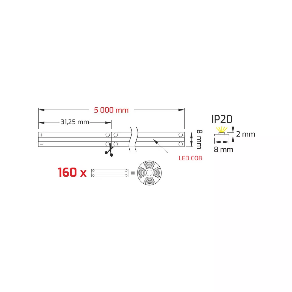 Ruban LED COB 5mx8mm 480 LED/m IP20...