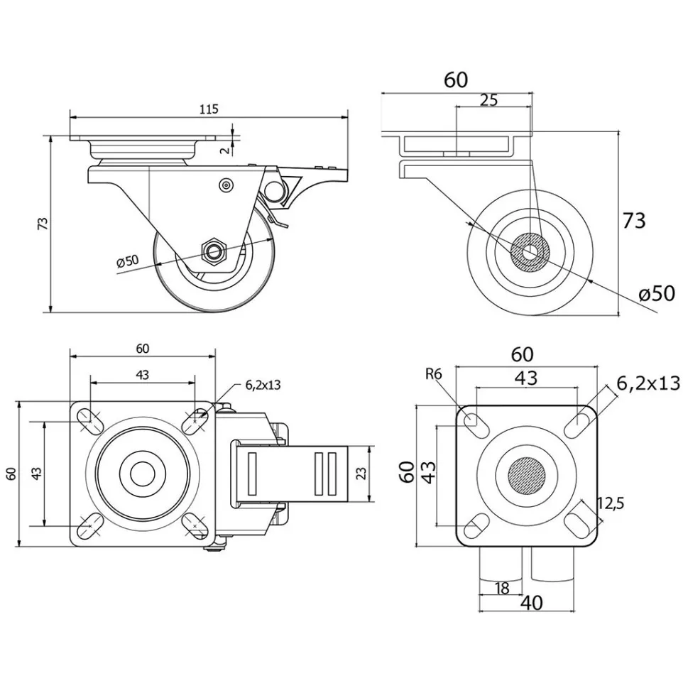 Double Rubber Casters 50mm Set of 4