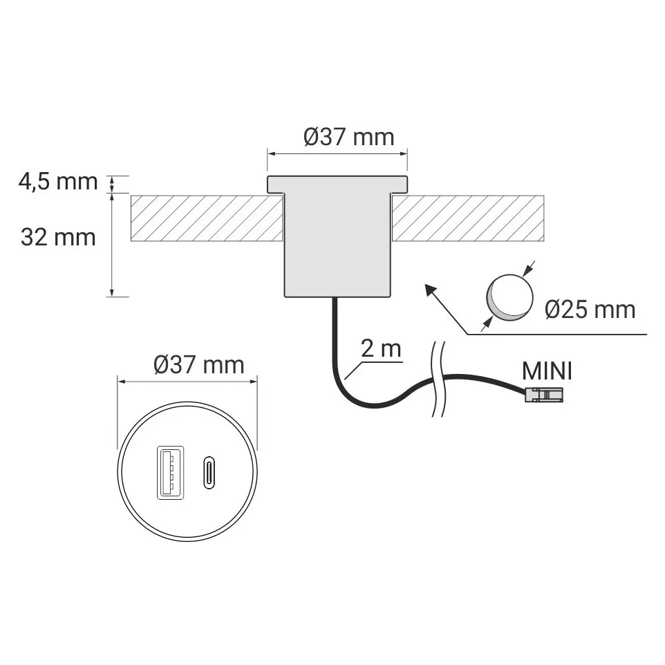 Lader USB A+C 12V DC 2 x 1,05A inbouw...