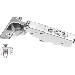 Charnière Pivot-Star 110° nickelée, manchons à expansion Ø8, amortisseur et fermeture automatique, pour porte en semi-applique /