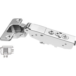 Charnière Pivot-Star 110° nickelée à enfoncer (Ø8x10mm), avec amortissement et avec fermeture automatique, pour porte en semi-ap