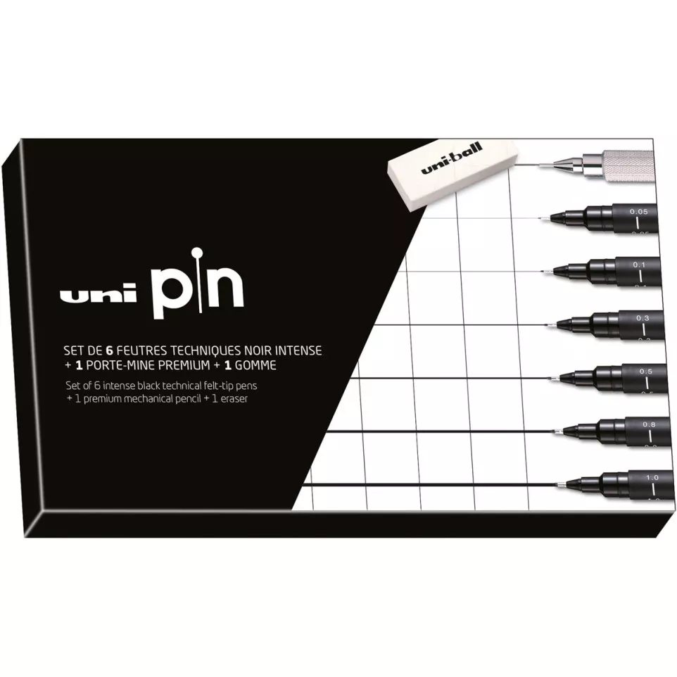 Uni Pin Fineliner Black Set of 6 Pens...