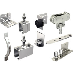 Garniture de roulettes, équerres, supports, butées, guides pour 1 porte lg.max.3m et montage sans profil de guidage inférieur U 