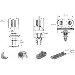 Set dubbele zwenkwielen, platen, muurbeugels, arr?ts en geleider voor ROB 110.000 serie schuiver max. 60kg per deur. / pce
