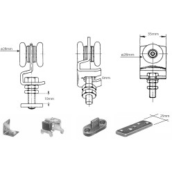 Set van enkele zwenkwielen, platen, muurbeugels, aanslagen en geleidingen voor ROB 110.000 serie geleiders max. 40kg per deur. /