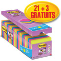 Post-it super Sticky notes, 90 vel, ft 76 x 76 mm, geassorteerde kleuren, pak van 21 blokken + 3 gratis