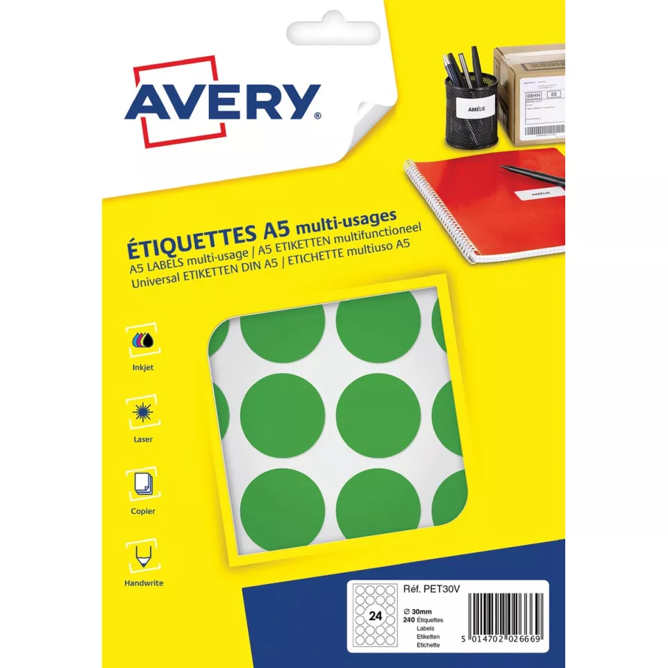 Avery PET30V green round dot labels,...