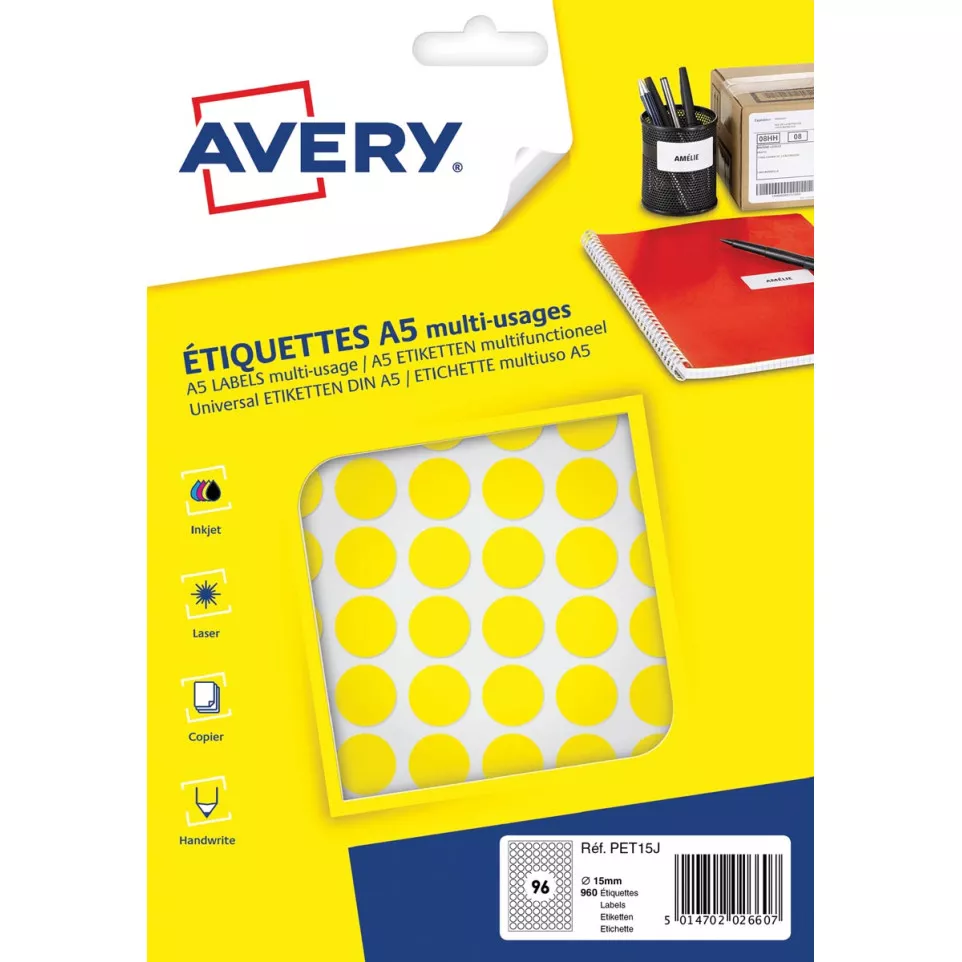 Avery PET15J Round Yellow Labels, 15...