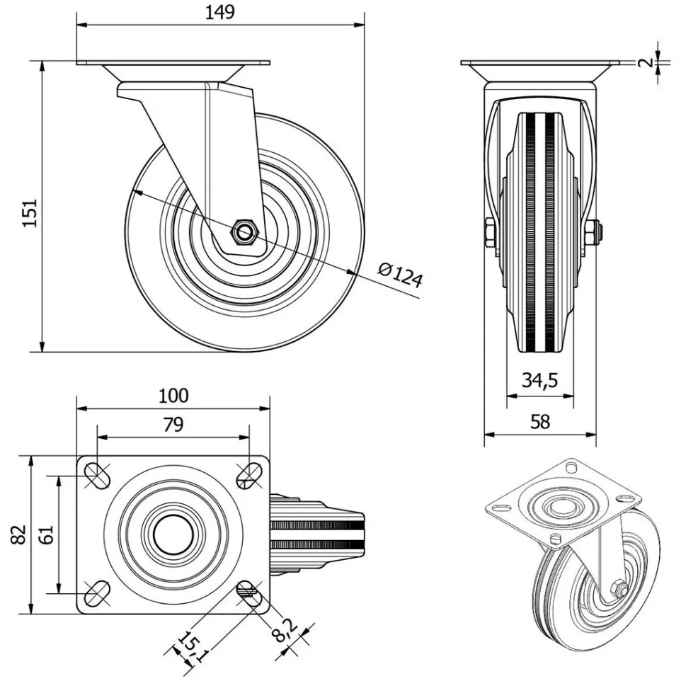 Set of 4 Rubber Swivel Casters with...