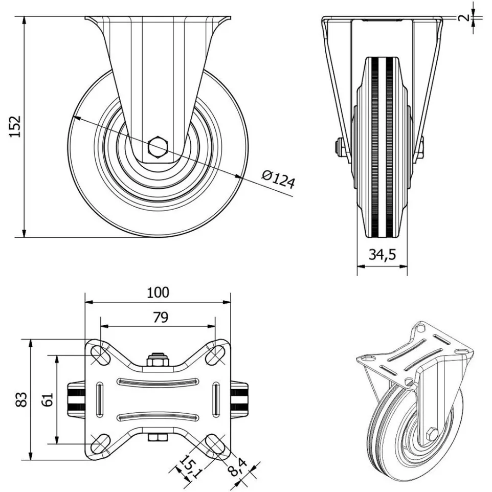 Set of 4 Rubber Casters Ø 125mm...