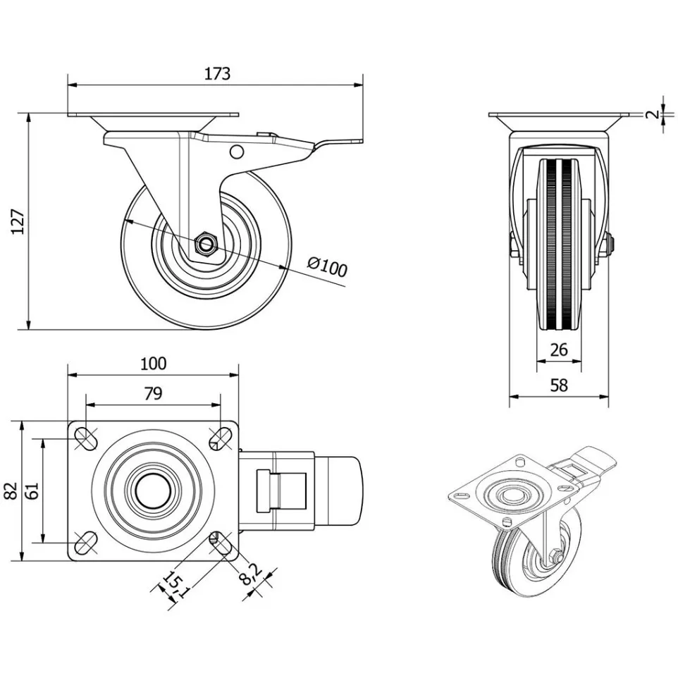 Set of 4 Rubber Wheels 100mm (Fixed...