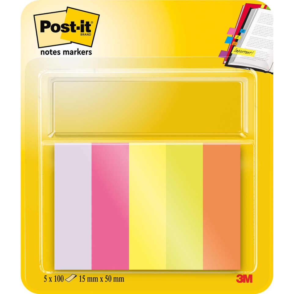Post-it Notes Markers, ft 15 x 50 mm, couleurs assorties, blister avec 5 blocs de 100 feuilles