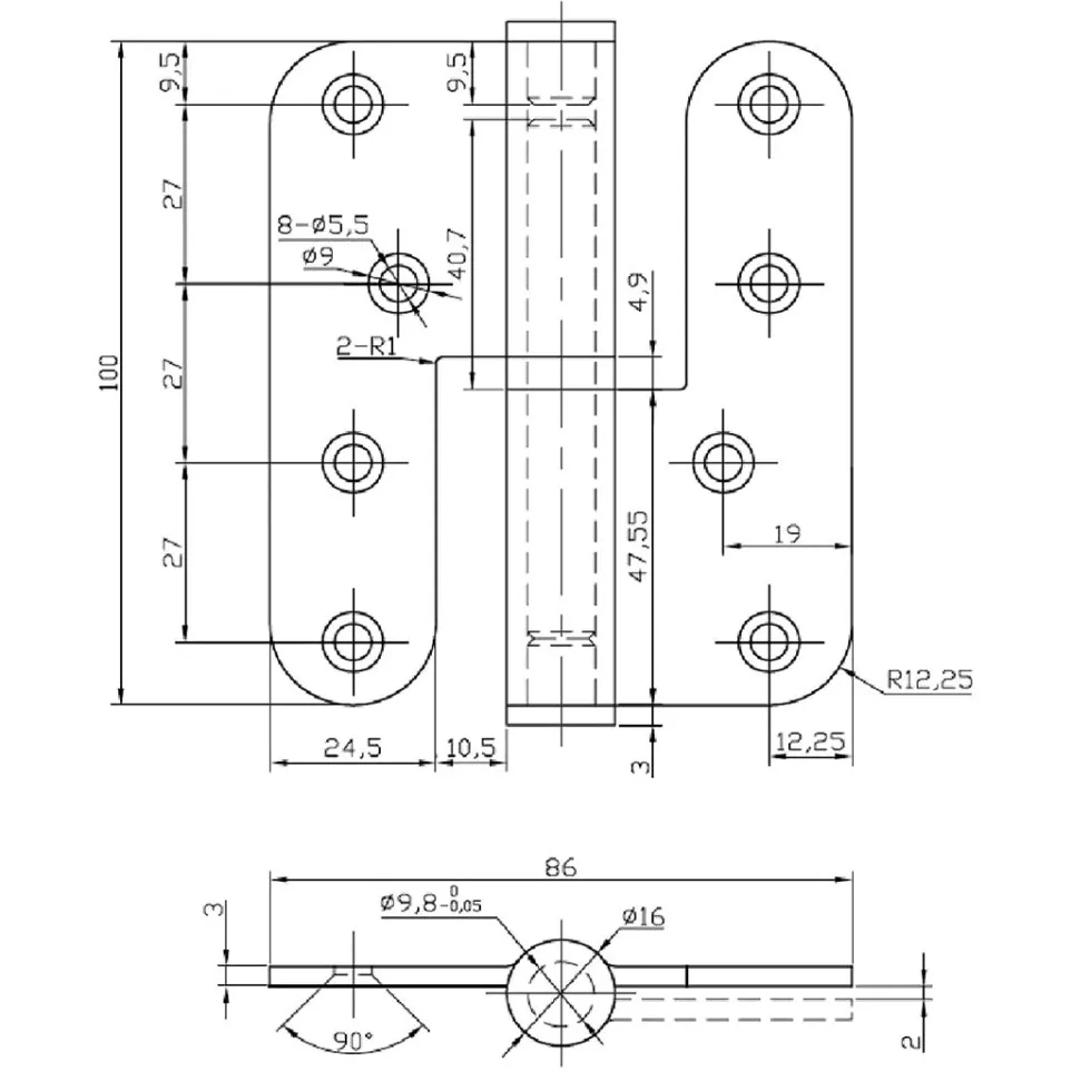 Stainless Steel Hinge 100x86 mm Left...