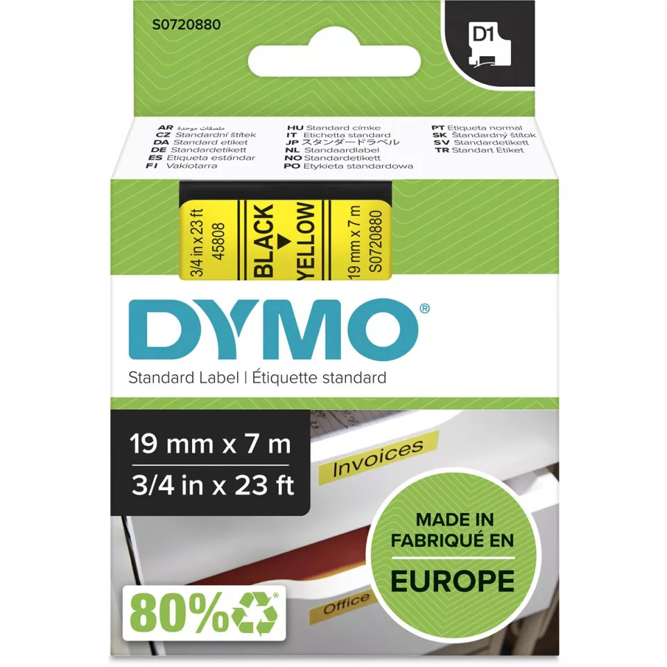 Dymo D1 ruban 19 mm, noir sur jaune