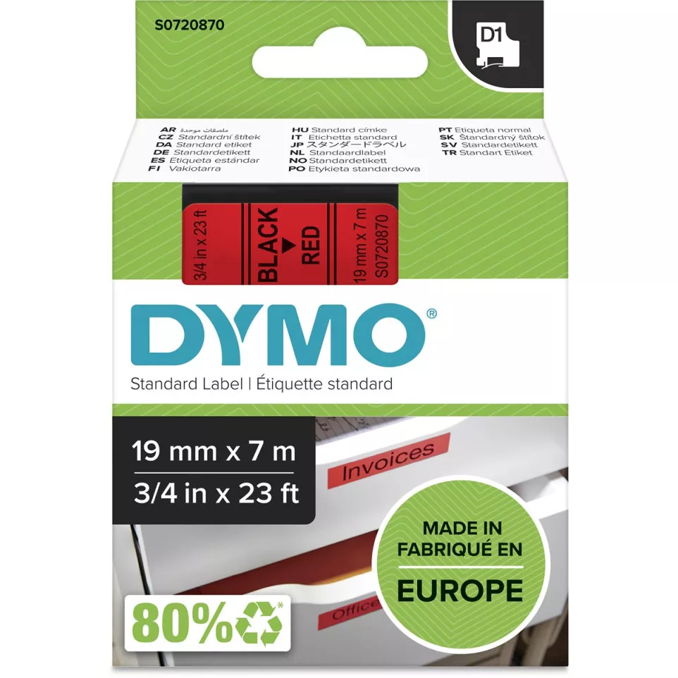 Dymo D1 tape 19 mm, zwart op rood