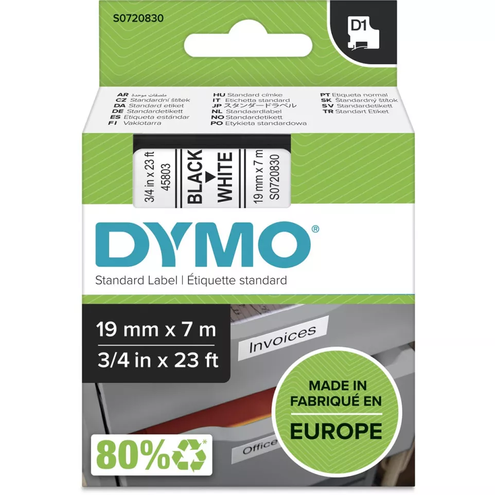 Dymo D1 tape 19 mm, zwart op wit