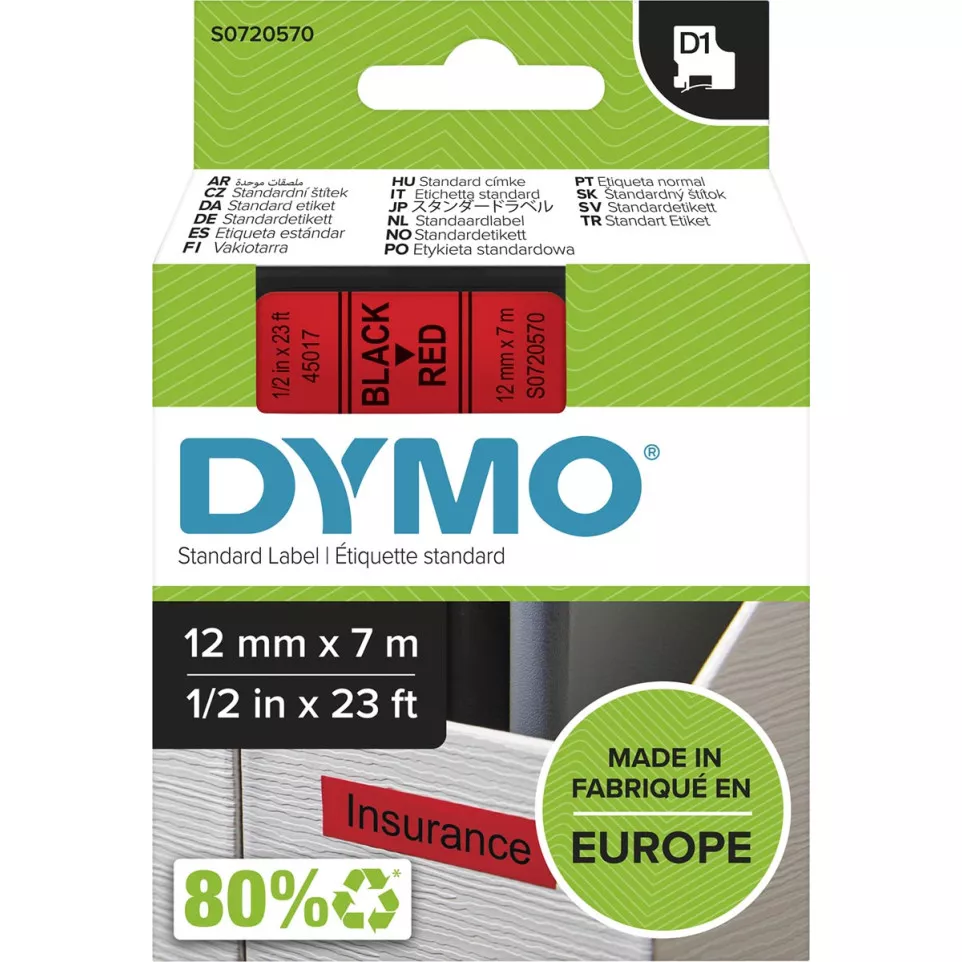 Dymo D1 tape 12 mm, zwart op rood