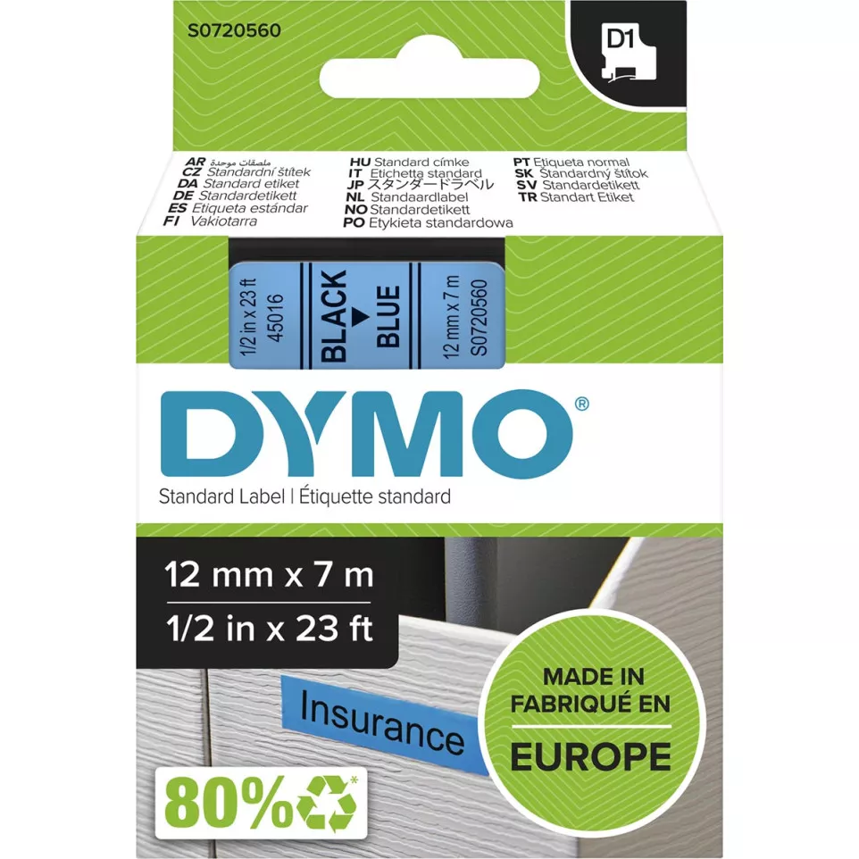 Dymo D1 ruban 12 mm, noir sur bleu