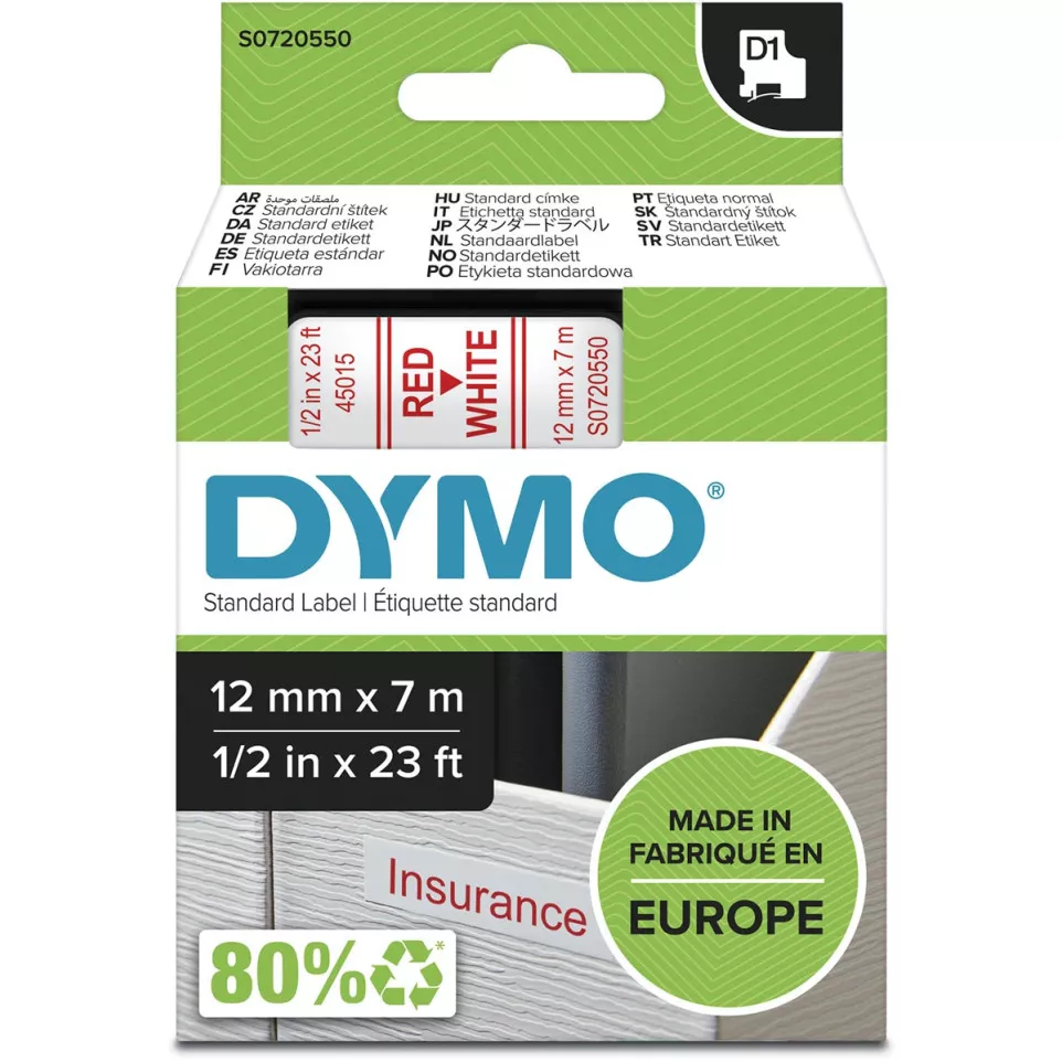 Dymo D1 ruban 12 mm, rouge sur blanc