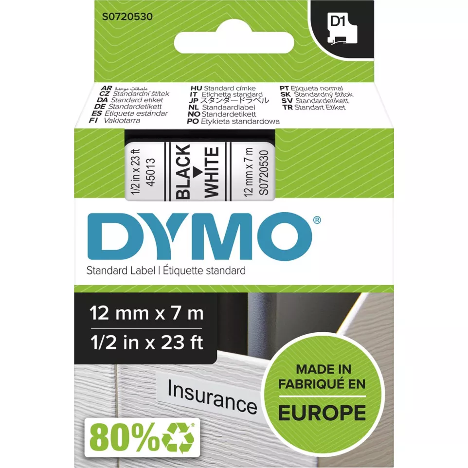 Dymo D1 tape 12 mm, zwart op wit